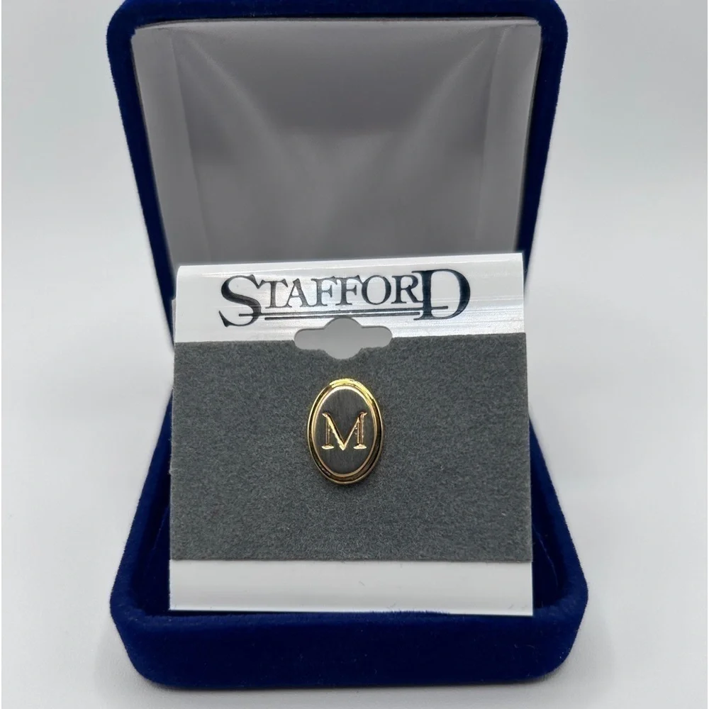 Stafford Vintage Mens Tie Tack Initial M Silver and Gold tone Oval shape‌‌‌‌